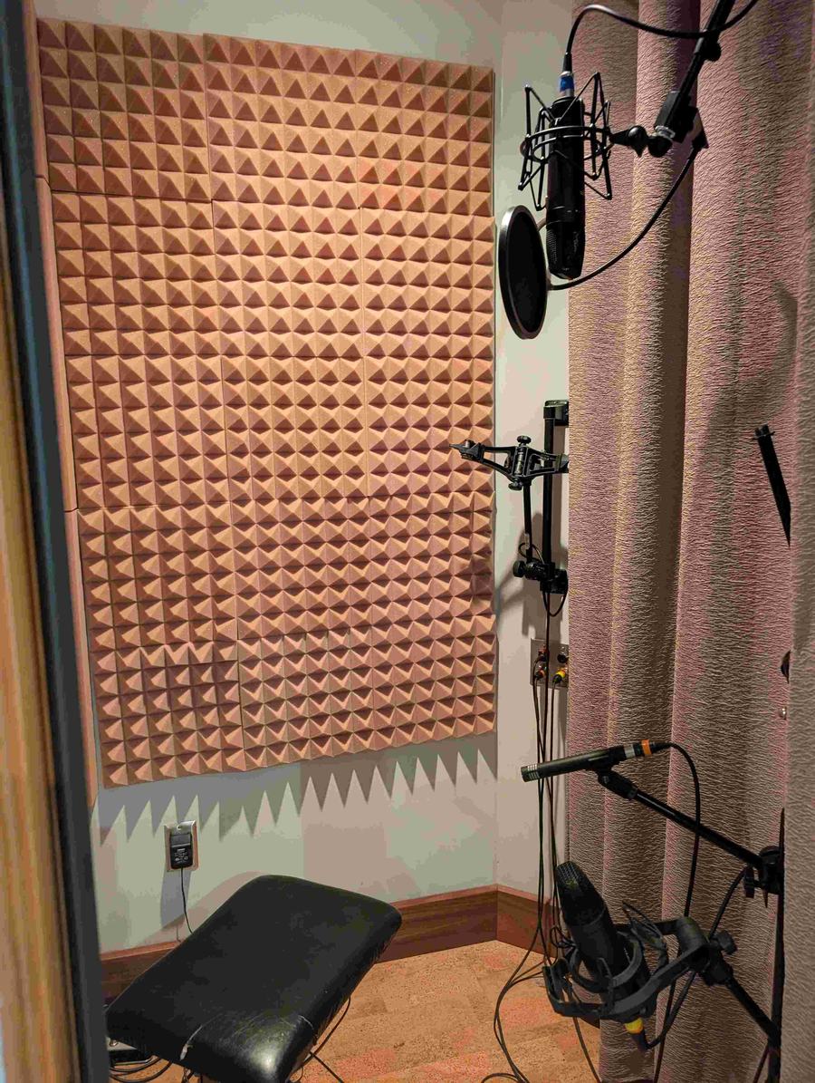 Vocal booth at Hummingbird MPC — acoustic treatment and microphones